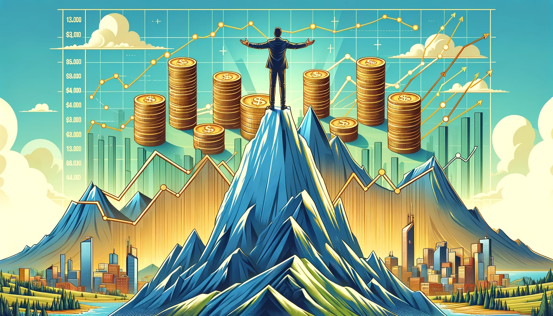Uma pessoa de braços abertos no topo de uma montanha com gráficos financeiros ascendentes ao fundo.