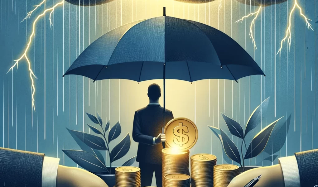 Imagem de um homem segurando um guarda-chuva sobre uma pilha de moedas de ouro, com gráficos financeiros e documentos ao redor, simbolizando proteção de patrimônio durante tempos de incerteza econômica. Ao fundo, nuvens escuras e relâmpagos representam a volatilidade do mercado.