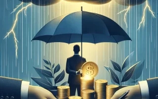 Imagem de um homem segurando um guarda-chuva sobre uma pilha de moedas de ouro, com gráficos financeiros e documentos ao redor, simbolizando proteção de patrimônio durante tempos de incerteza econômica. Ao fundo, nuvens escuras e relâmpagos representam a volatilidade do mercado.