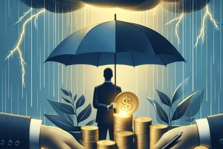 Imagem de um homem segurando um guarda-chuva sobre uma pilha de moedas de ouro, com gráficos financeiros e documentos ao redor, simbolizando proteção de patrimônio durante tempos de incerteza econômica. Ao fundo, nuvens escuras e relâmpagos representam a volatilidade do mercado.