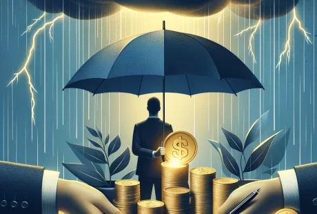 Imagem de um homem segurando um guarda-chuva sobre uma pilha de moedas de ouro, com gráficos financeiros e documentos ao redor, simbolizando proteção de patrimônio durante tempos de incerteza econômica. Ao fundo, nuvens escuras e relâmpagos representam a volatilidade do mercado.