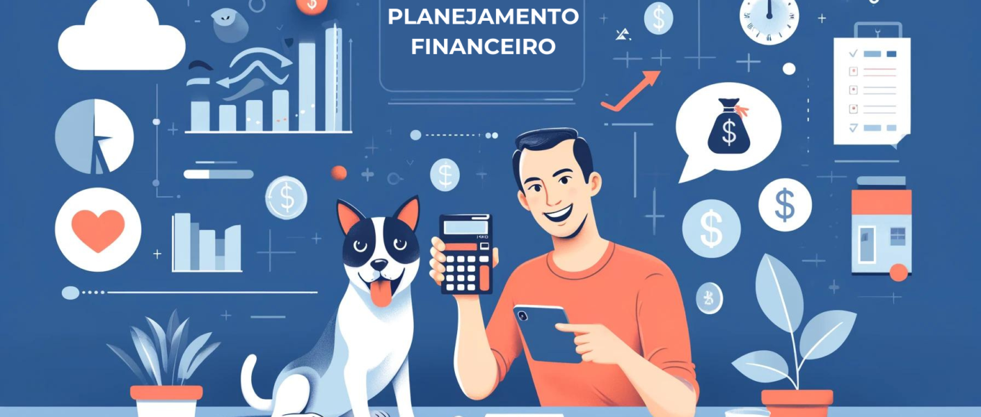 Imagem de capa ilustrando o planejamento financeiro para pets. Mostra um dono feliz usando uma calculadora com seu cachorro ao lado. No fundo, há gráficos, tabelas e símbolos monetários representando gestão financeira.