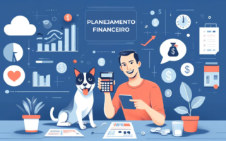 Imagem de capa ilustrando o planejamento financeiro para pets. Mostra um dono feliz usando uma calculadora com seu cachorro ao lado. No fundo, há gráficos, tabelas e símbolos monetários representando gestão financeira.