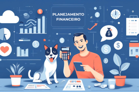 Imagem de capa ilustrando o planejamento financeiro para pets. Mostra um dono feliz usando uma calculadora com seu cachorro ao lado. No fundo, há gráficos, tabelas e símbolos monetários representando gestão financeira.