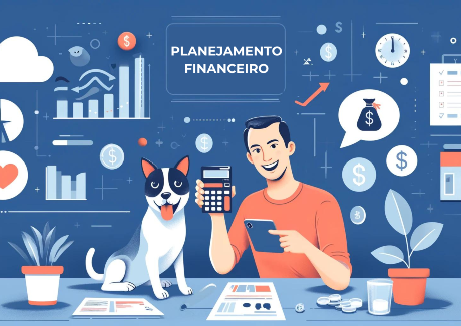Imagem de capa ilustrando o planejamento financeiro para pets. Mostra um dono feliz usando uma calculadora com seu cachorro ao lado. No fundo, há gráficos, tabelas e símbolos monetários representando gestão financeira.