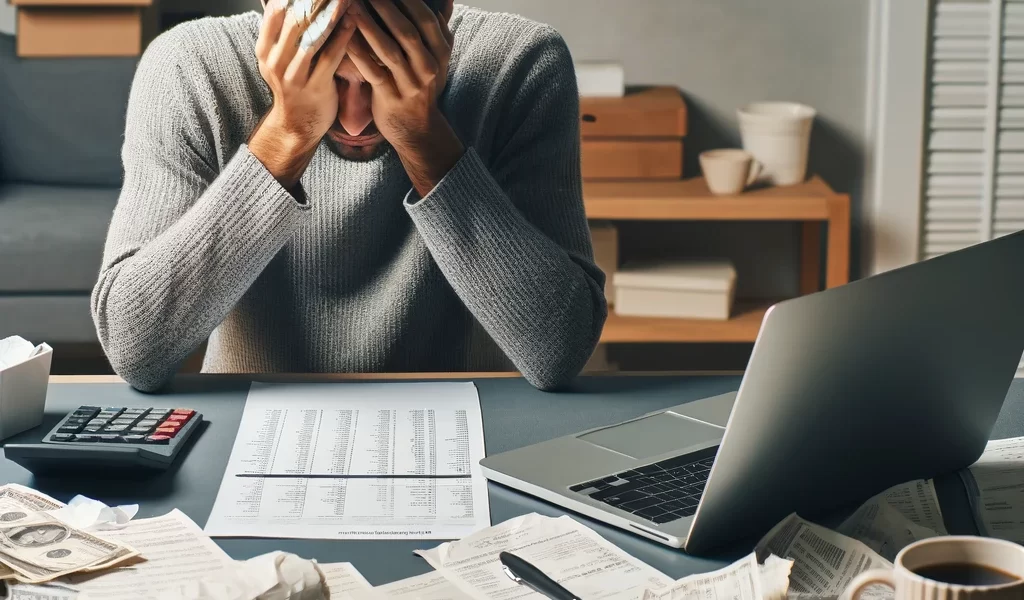 Pessoa estressada revisando documentos financeiros em uma mesa bagunçada, com laptop, contas, recibos, calculadora, xícara de café e bloco de notas.