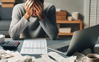 Pessoa estressada revisando documentos financeiros em uma mesa bagunçada, com laptop, contas, recibos, calculadora, xícara de café e bloco de notas.
