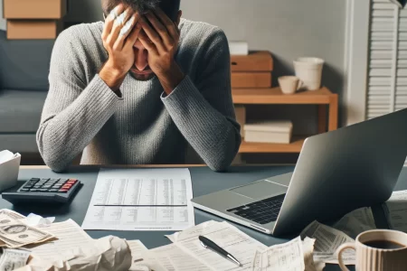 Pessoa estressada revisando documentos financeiros em uma mesa bagunçada, com laptop, contas, recibos, calculadora, xícara de café e bloco de notas.