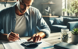 Pessoa revisando suas finanças em casa, cercada de papéis e usando uma calculadora.